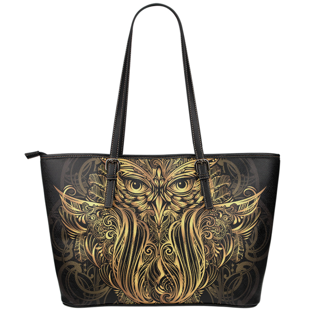 Gold Owl Spirit Print Leather Tote Bag
