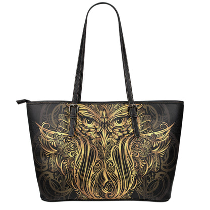 Gold Owl Spirit Print Leather Tote Bag