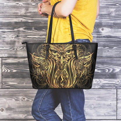 Gold Owl Spirit Print Leather Tote Bag
