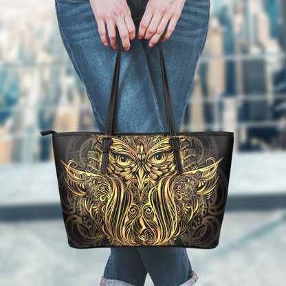 Gold Owl Spirit Print Leather Tote Bag