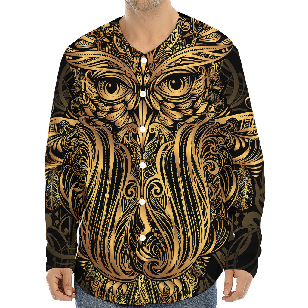 Gold Owl Spirit Print Long Sleeve Baseball Jersey