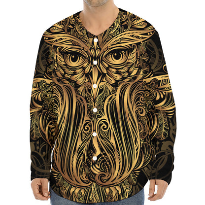 Gold Owl Spirit Print Long Sleeve Baseball Jersey