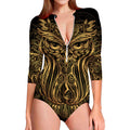 Gold Owl Spirit Print Long Sleeve Swimsuit