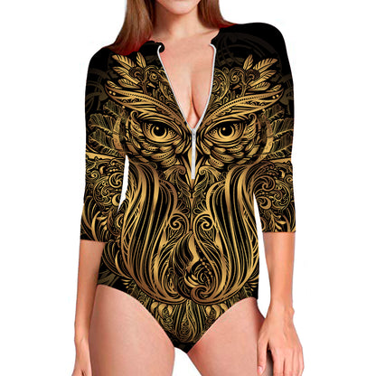 Gold Owl Spirit Print Long Sleeve Swimsuit