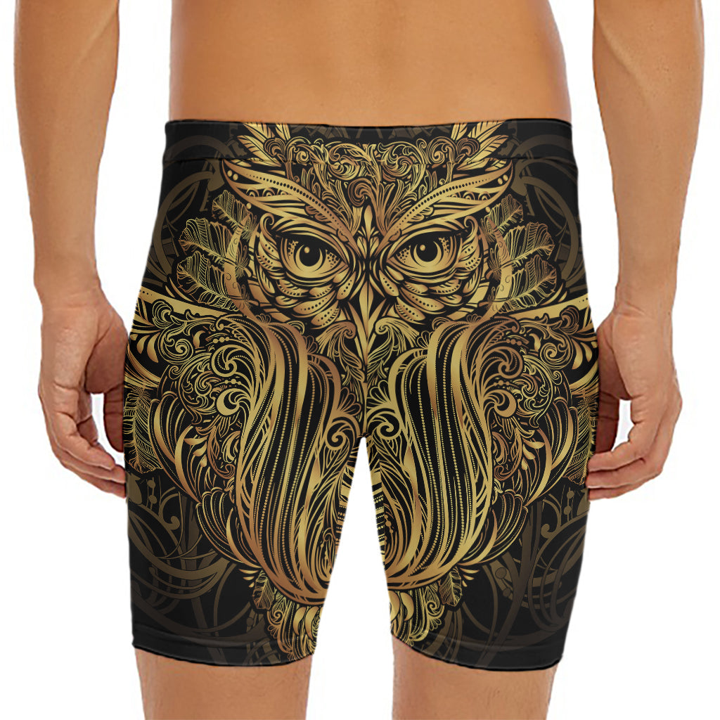 Gold Owl Spirit Print Men's Long Boxer Briefs