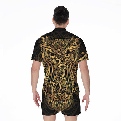 Gold Owl Spirit Print Men's Rompers