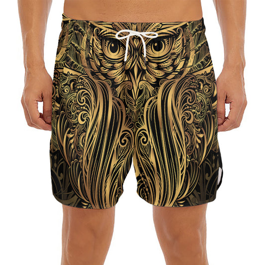 Gold Owl Spirit Print Men's Split Running Shorts