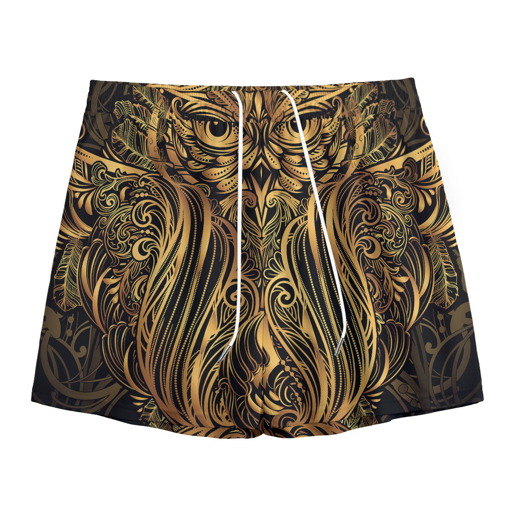 Gold Owl Spirit Print Mesh Shorts