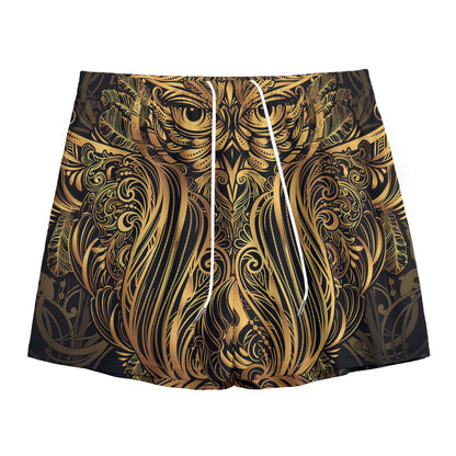 Gold Owl Spirit Print Mesh Shorts