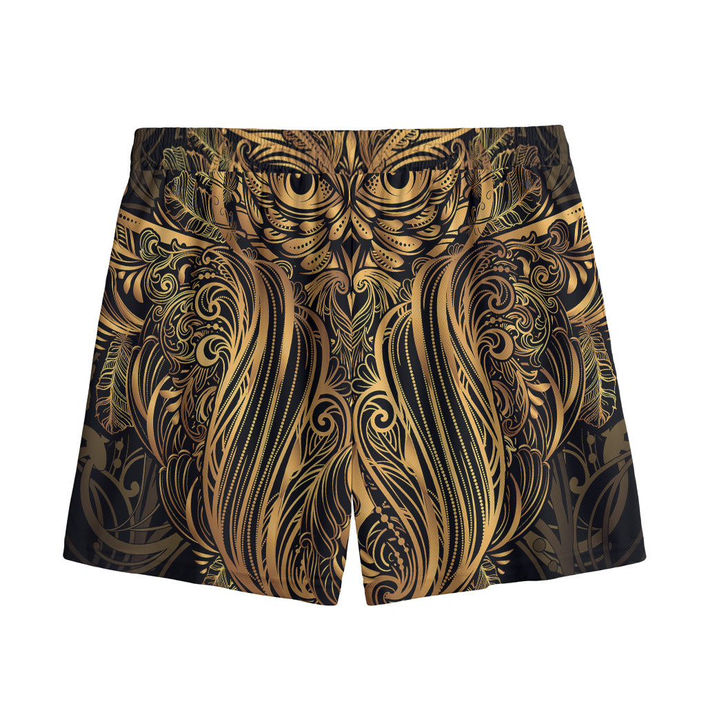 Gold Owl Spirit Print Mesh Shorts