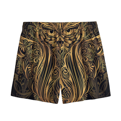 Gold Owl Spirit Print Mesh Shorts
