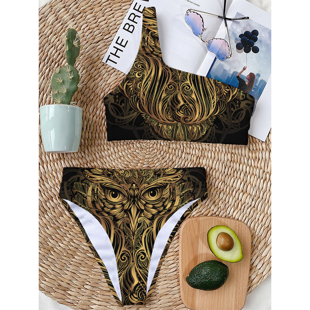 Gold Owl Spirit Print One Shoulder Bikini Top