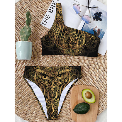 Gold Owl Spirit Print One Shoulder Bikini Top