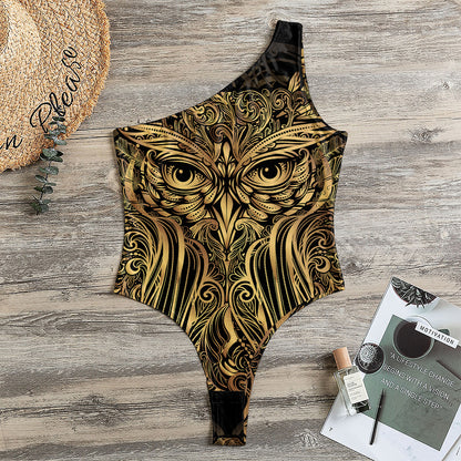 Gold Owl Spirit Print One Shoulder Bodysuit