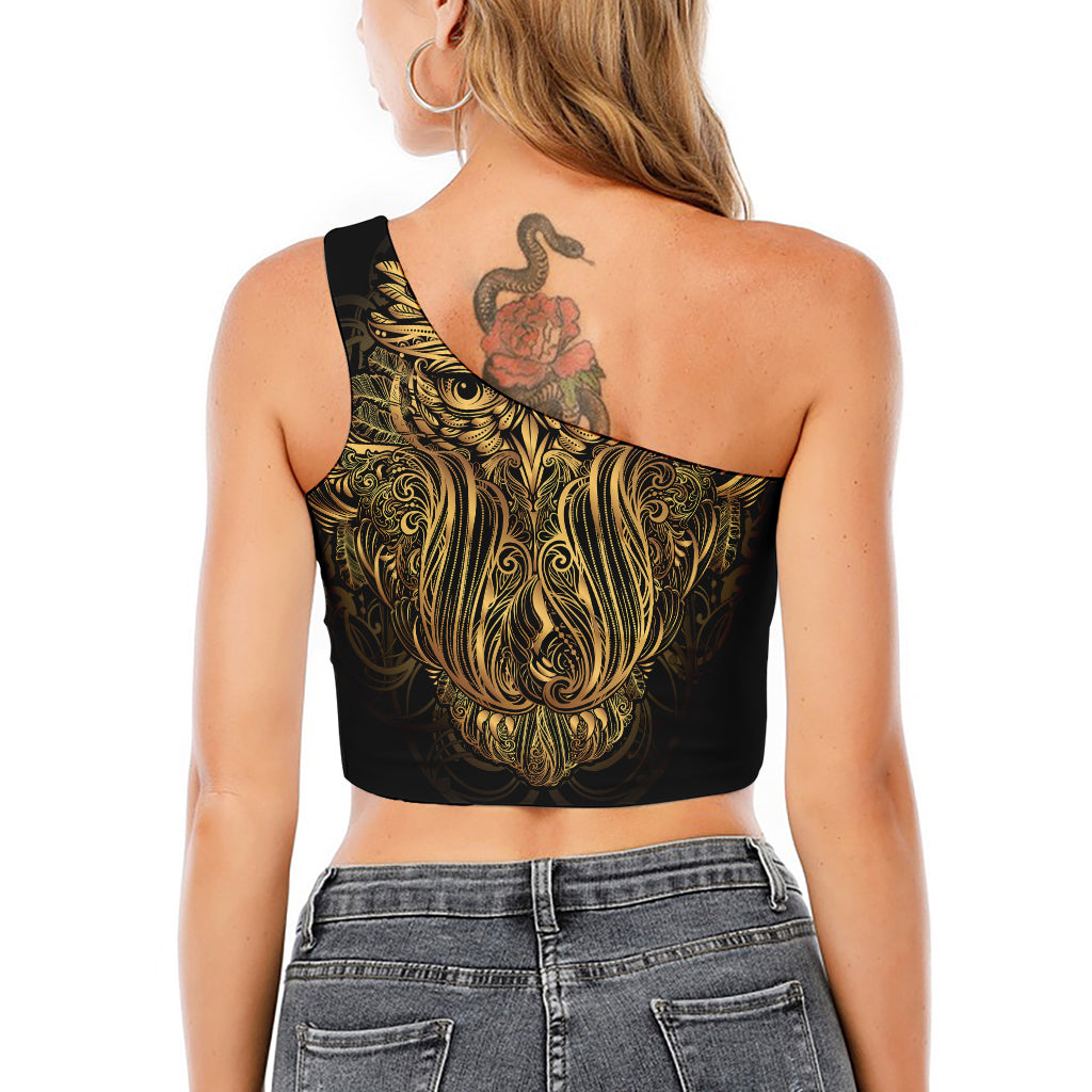 Gold Owl Spirit Print One Shoulder Crop Top