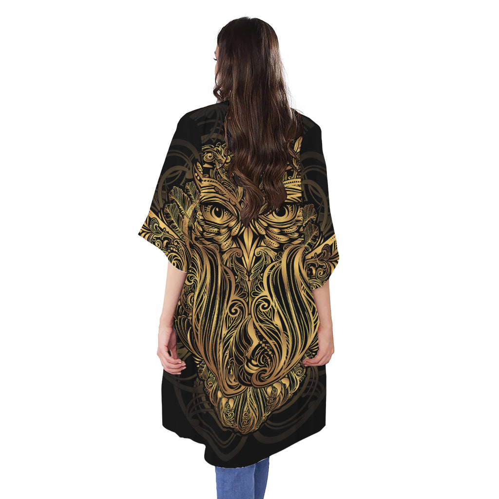 Gold Owl Spirit Print Open Front Beach Cover Up