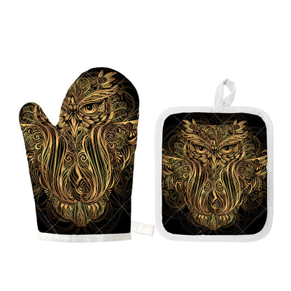 Gold Owl Spirit Print Oven Mitt And Pot Holder Set