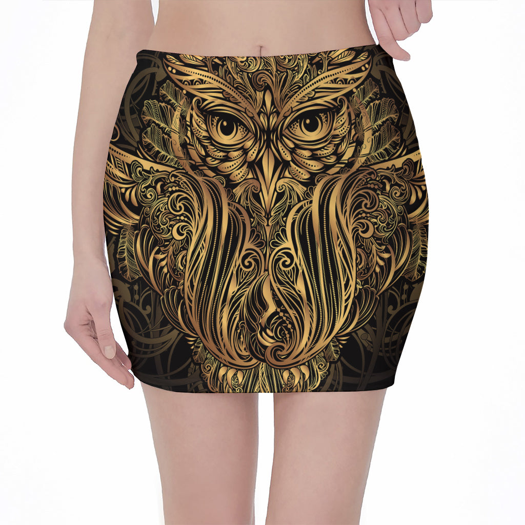 Gold Owl Spirit Print Pencil Mini Skirt