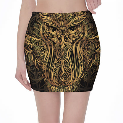 Gold Owl Spirit Print Pencil Mini Skirt