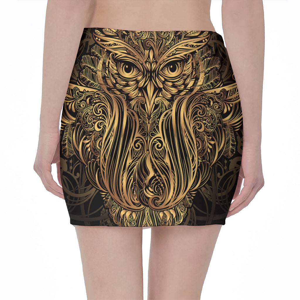 Gold Owl Spirit Print Pencil Mini Skirt