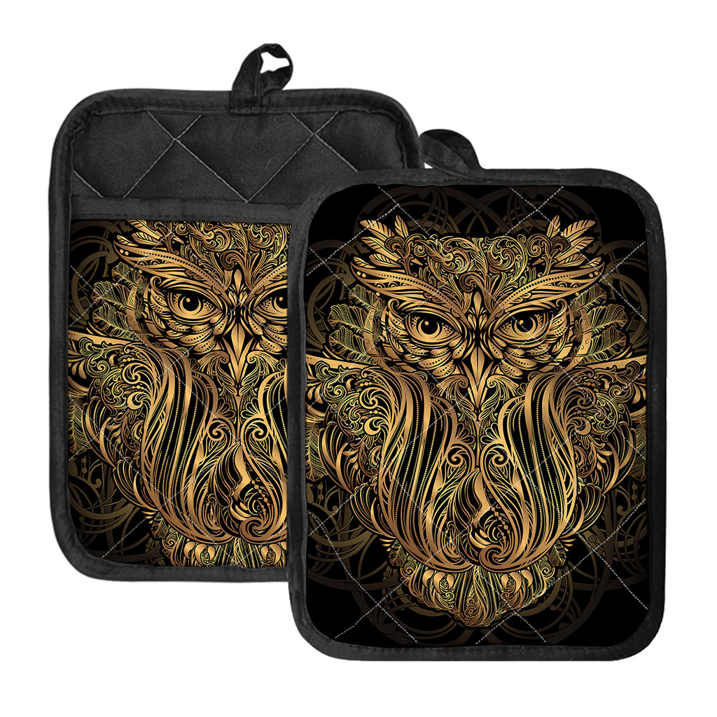 Gold Owl Spirit Print Pot Holders With Pocket