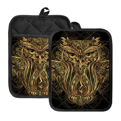Gold Owl Spirit Print Pot Holders With Pocket