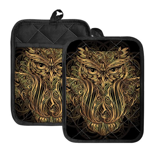 Gold Owl Spirit Print Pot Holders With Pocket