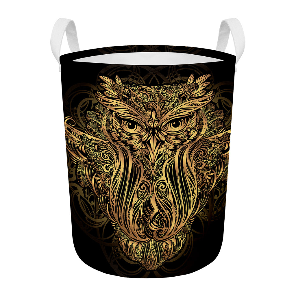 Gold Owl Spirit Print Round Laundry Basket