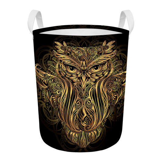 Gold Owl Spirit Print Round Laundry Basket