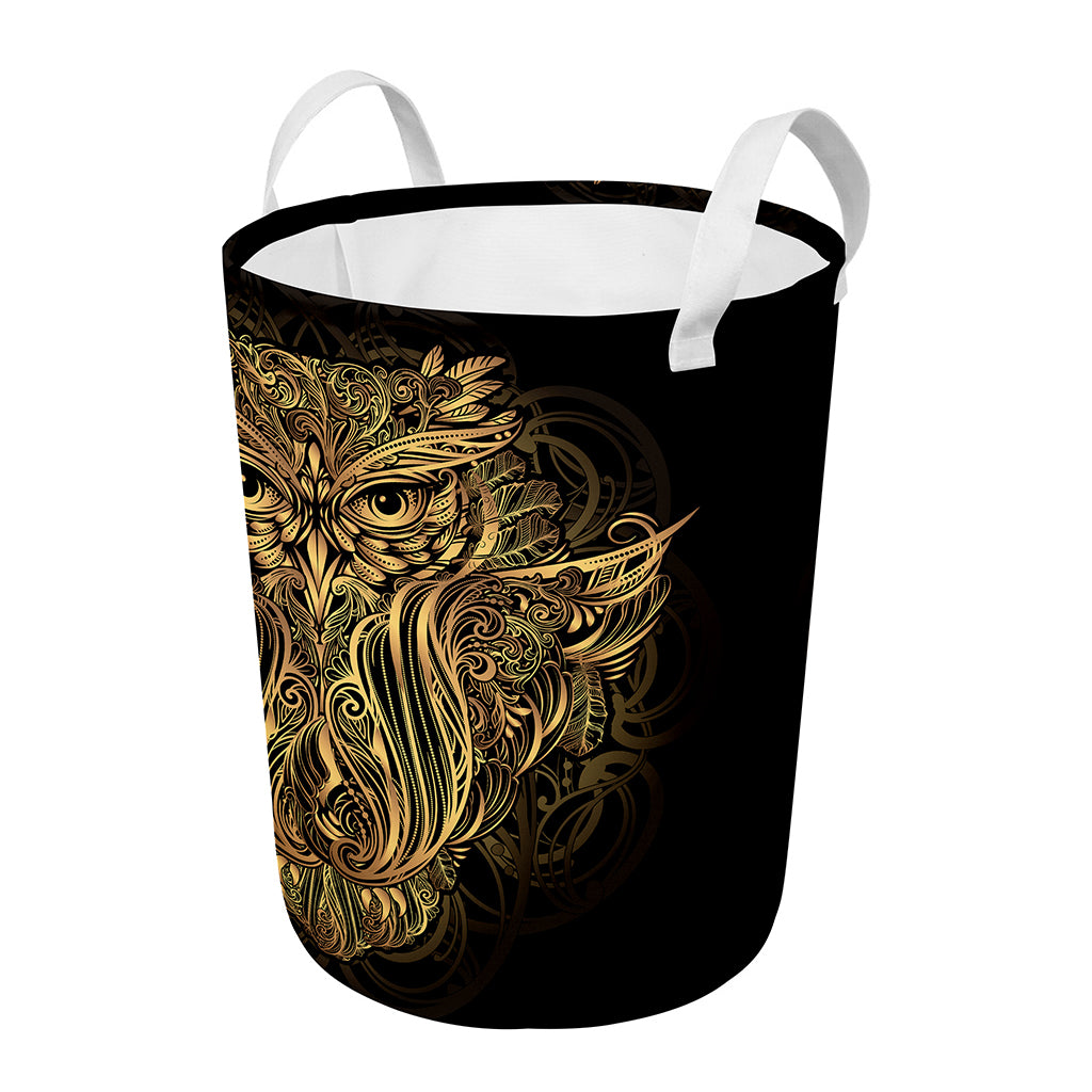 Gold Owl Spirit Print Round Laundry Basket