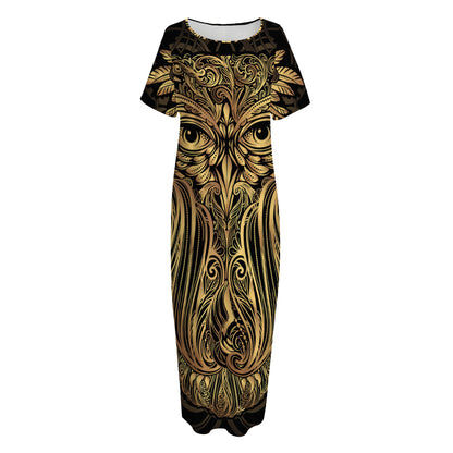 Gold Owl Spirit Print Short Sleeve Long Nightdress