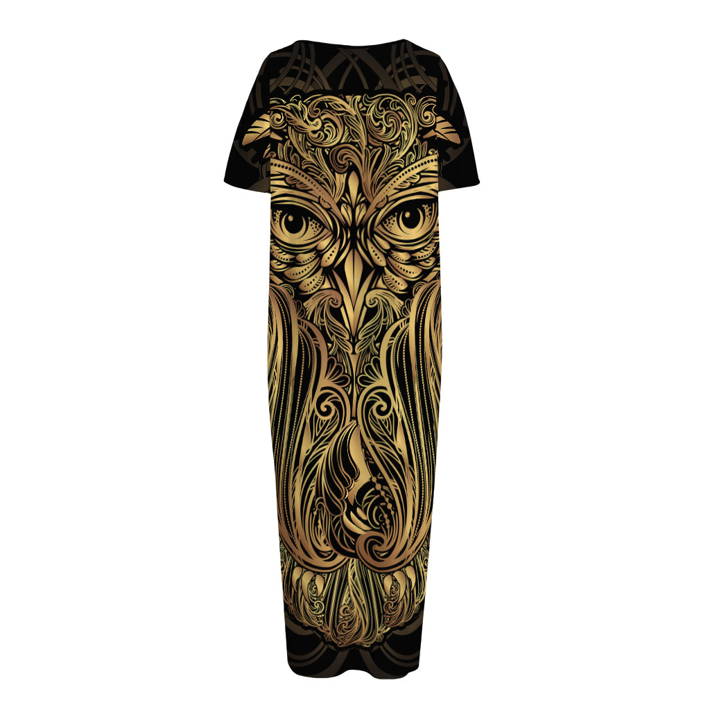 Gold Owl Spirit Print Short Sleeve Long Nightdress