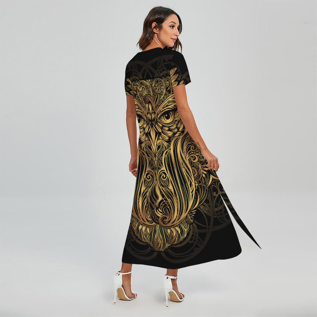 Gold Owl Spirit Print Short Sleeve Maxi Dress