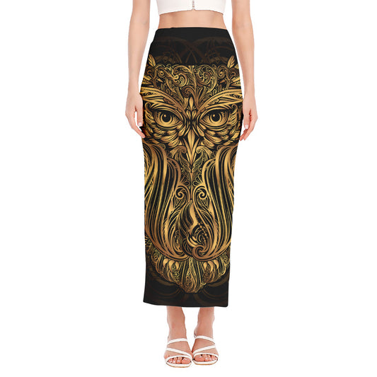 Gold Owl Spirit Print Side Slit Maxi Skirt