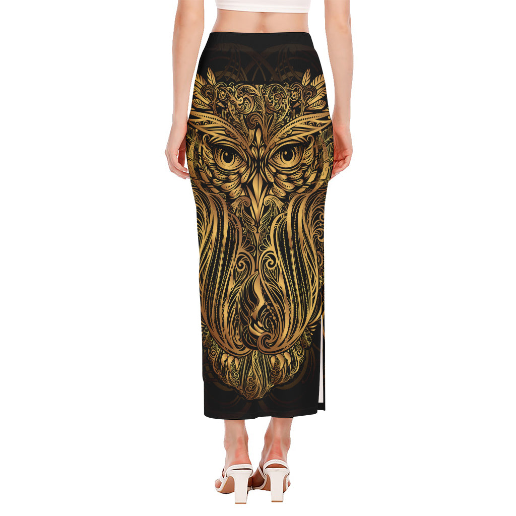 Gold Owl Spirit Print Side Slit Maxi Skirt