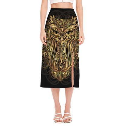 Gold Owl Spirit Print Side Slit Midi Skirt