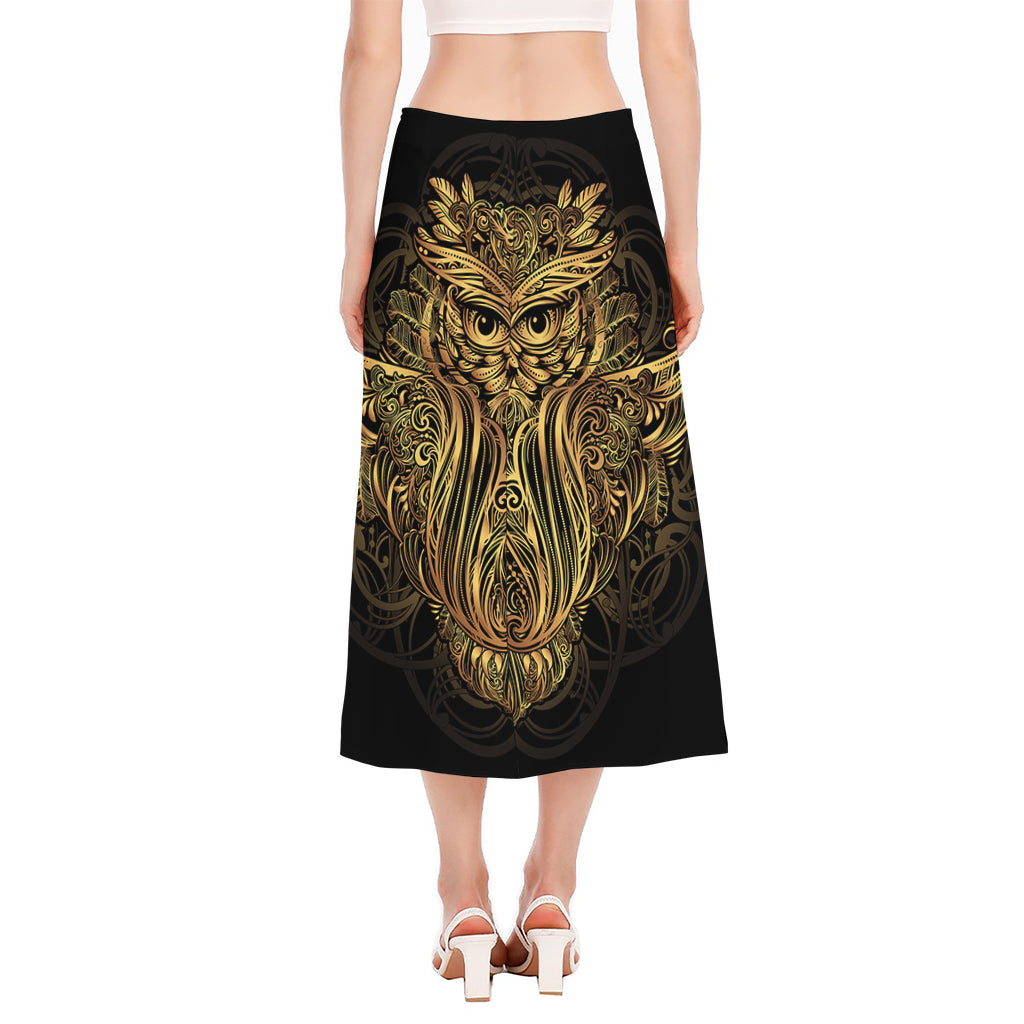 Gold Owl Spirit Print Side Slit Midi Skirt