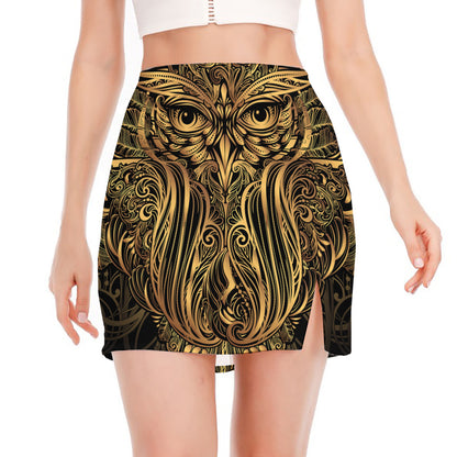 Gold Owl Spirit Print Side Slit Mini Skirt