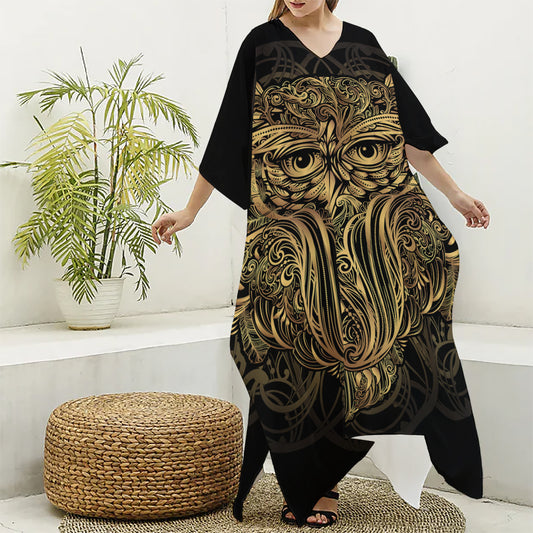 Gold Owl Spirit Print Silk V-Neck Kaftan Dress