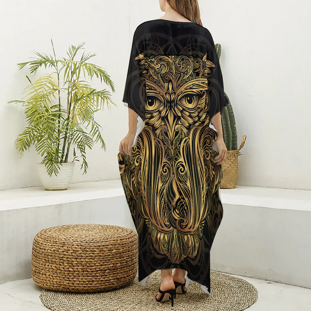 Gold Owl Spirit Print Silk V-Neck Kaftan Dress