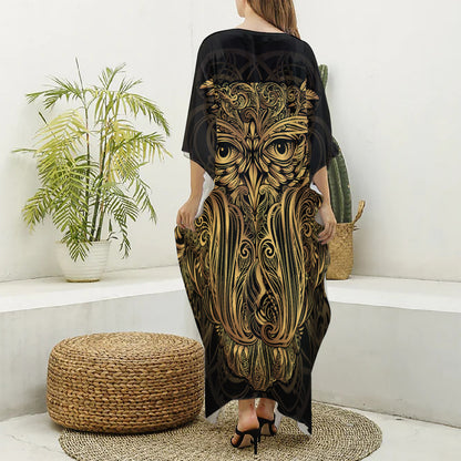 Gold Owl Spirit Print Silk V-Neck Kaftan Dress
