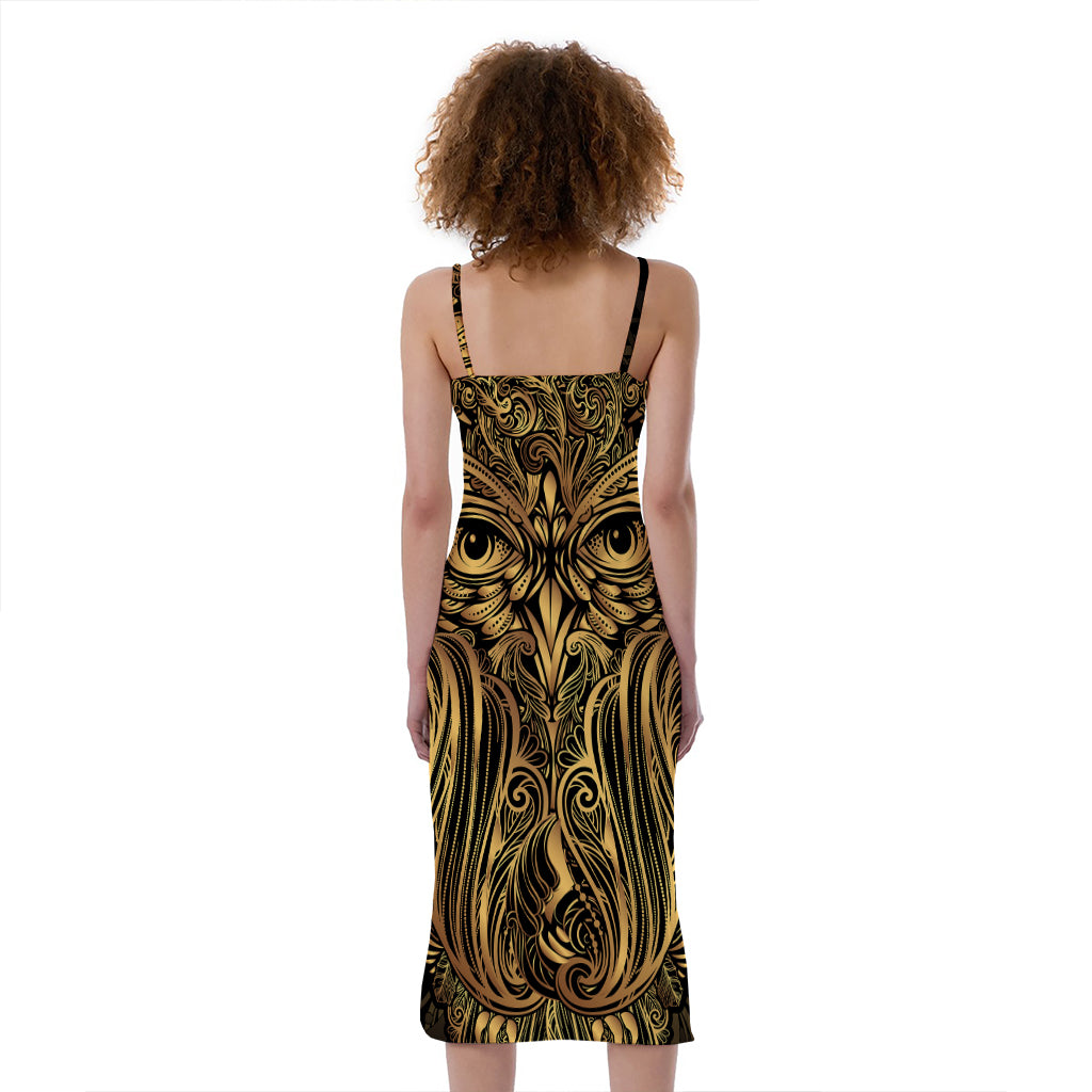 Gold Owl Spirit Print Slim Fit Midi Cami Dress