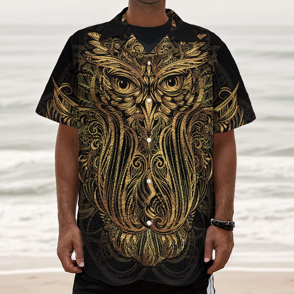 Gold Owl Spirit Print Textured Short Sleeve Shirt