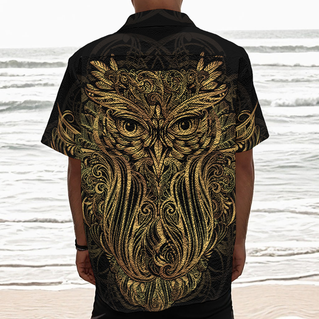 Gold Owl Spirit Print Textured Short Sleeve Shirt