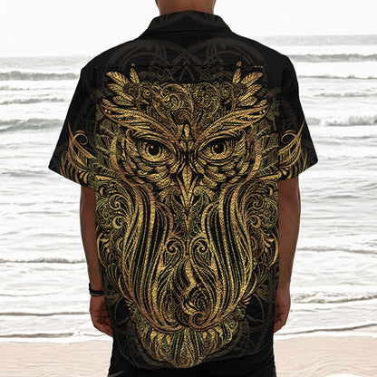 Gold Owl Spirit Print Textured Short Sleeve Shirt