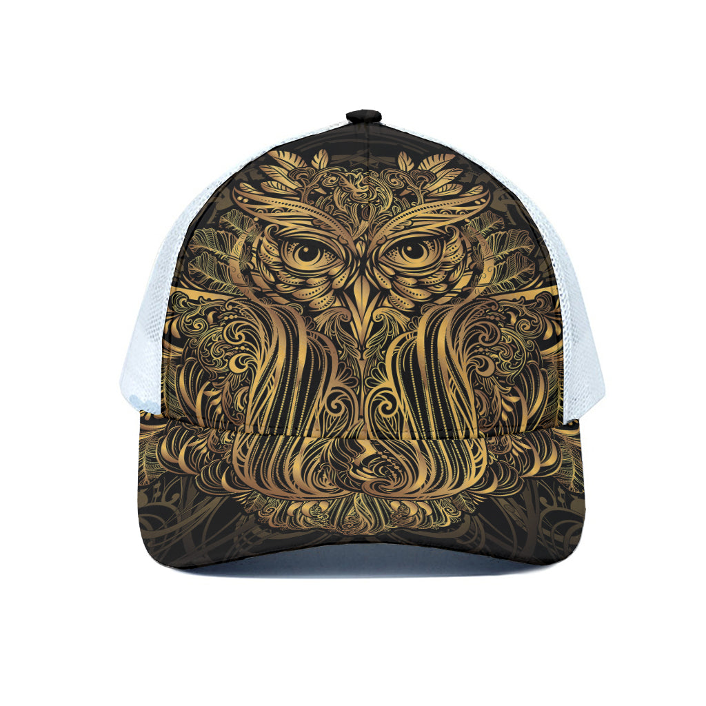 Gold Owl Spirit Print White Mesh Trucker Cap