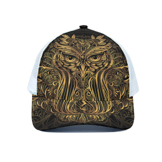 Gold Owl Spirit Print White Mesh Trucker Cap