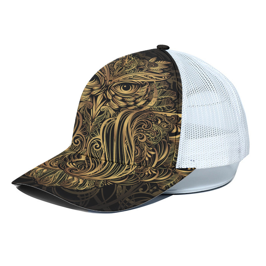 Gold Owl Spirit Print White Mesh Trucker Cap