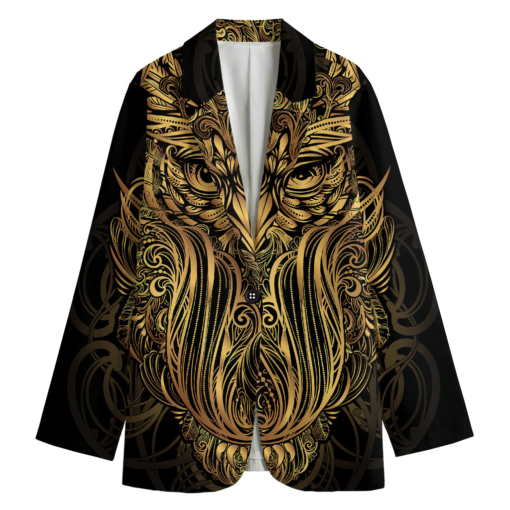 Gold Owl Spirit Print Women's Cotton Blazer