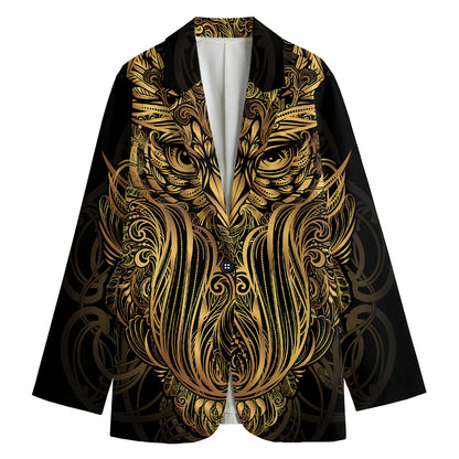 Gold Owl Spirit Print Women's Cotton Blazer